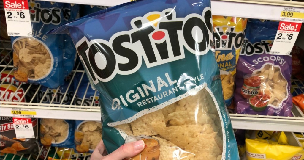 bag of tortilla chips in front of shelf 