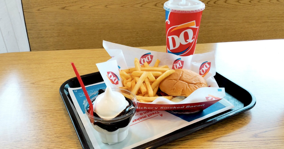 dq soda sundae cheeseburger and fries on a tray
