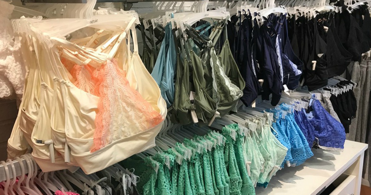 Aerie bralettes hanging in store