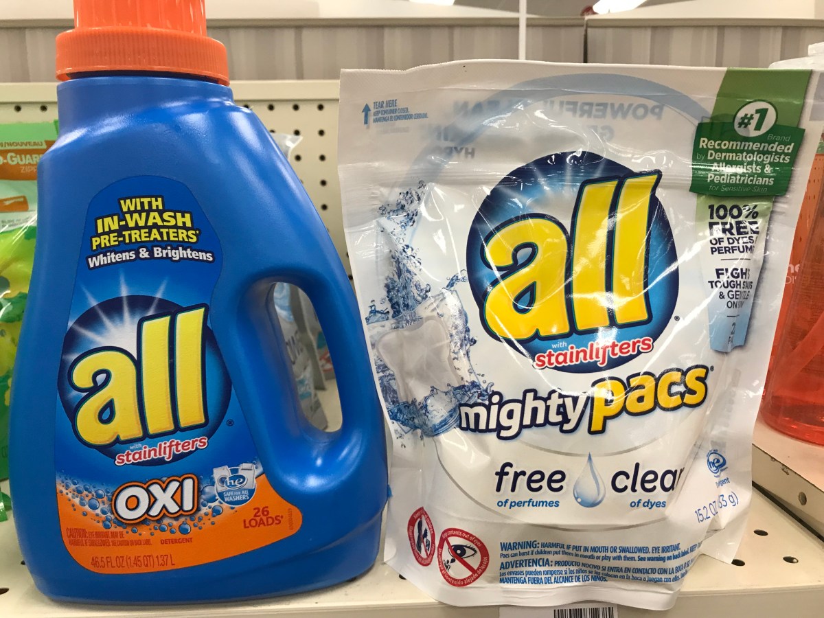 bottle of liquid all detergent and bag of all mighty pacs