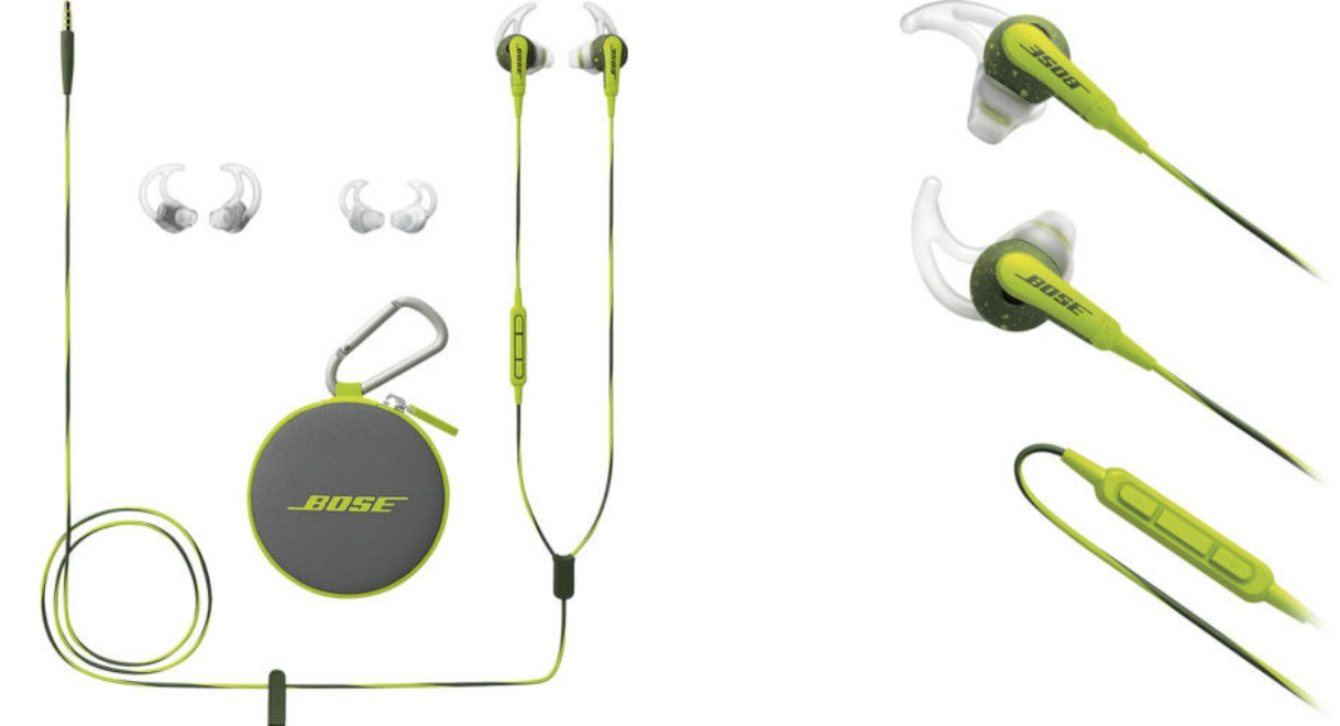 Bose SoundSport headphones in energy lime green with all components