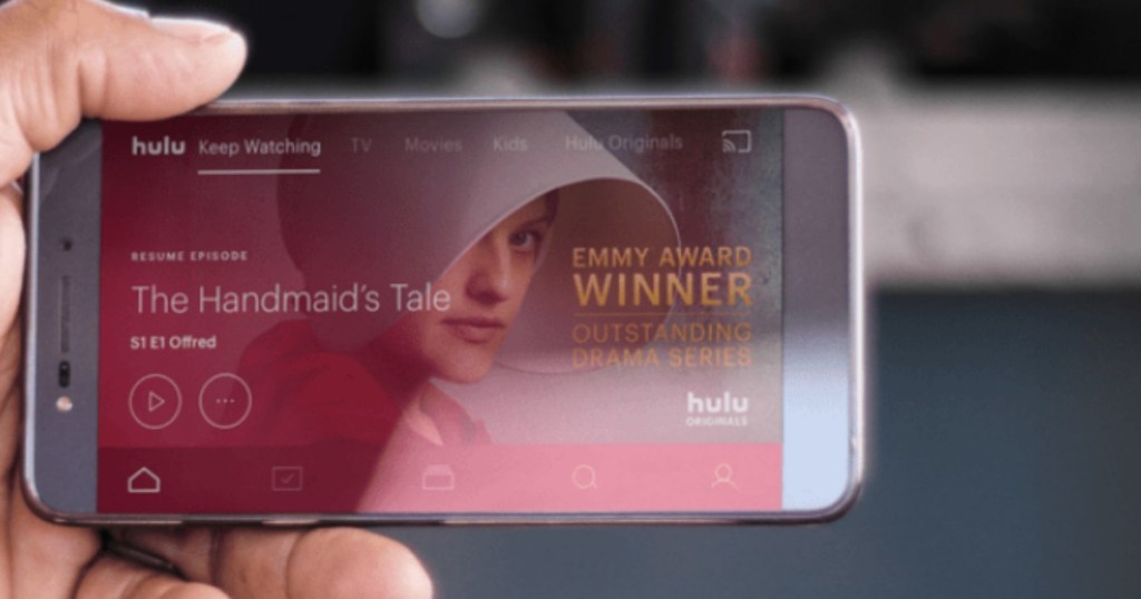 hand holding phone with Hulu on it