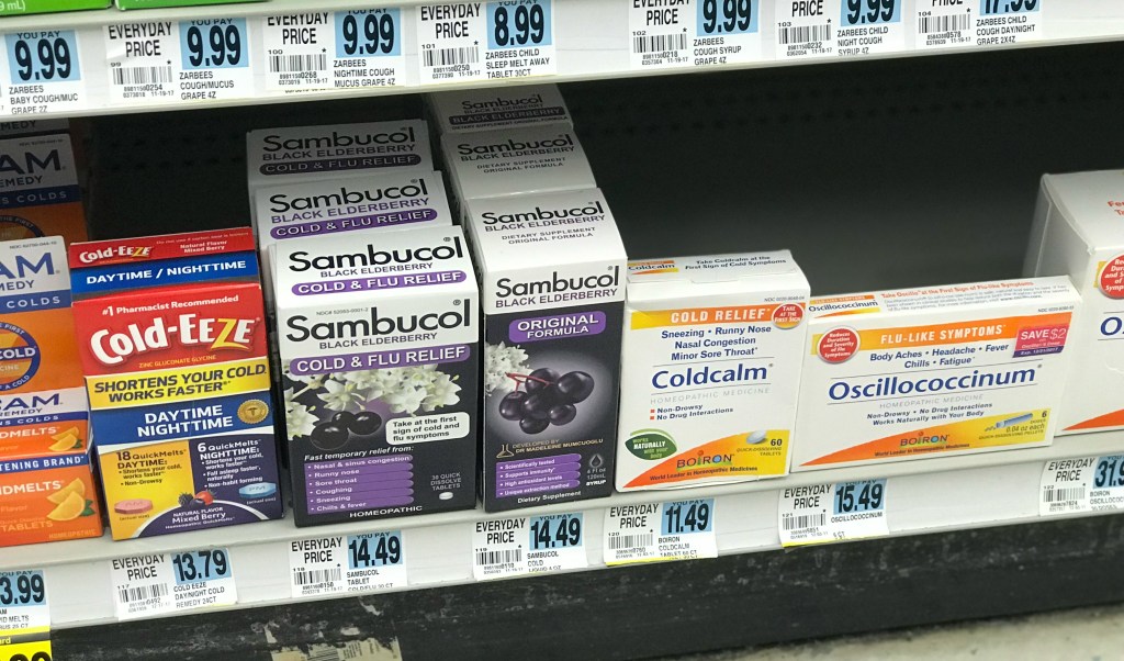 Boiron homeopathic medicine and Sambucol elderberry on a RiteAid shelf