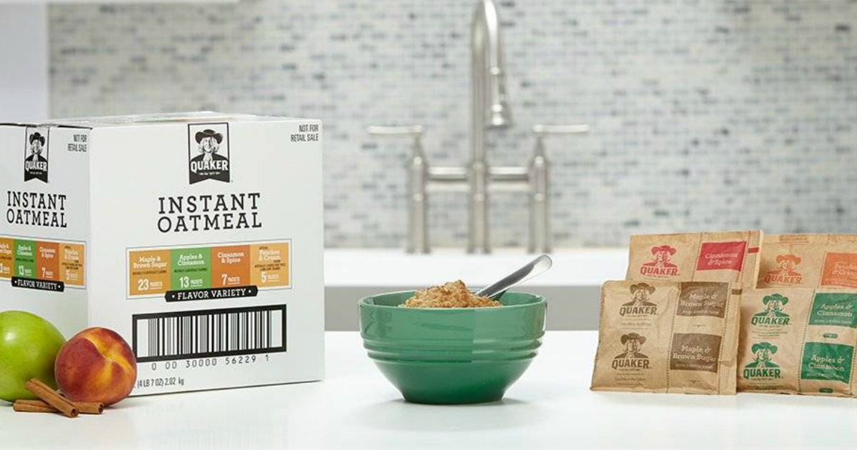 Quaker Instant Oatmeal box on counter next to bowl of oatmeal