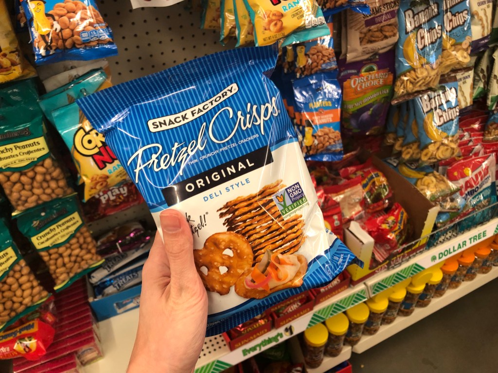 hand holding Snack Factory Pretzel Crisps