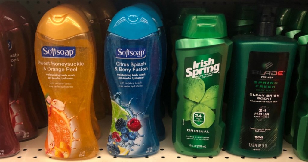 softsoap and irish spring body wash on store shelf