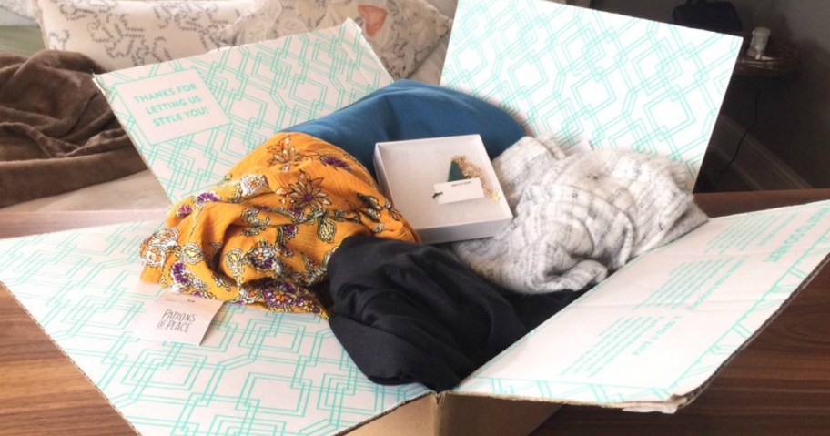 opened Stitch Fix box of clothes
