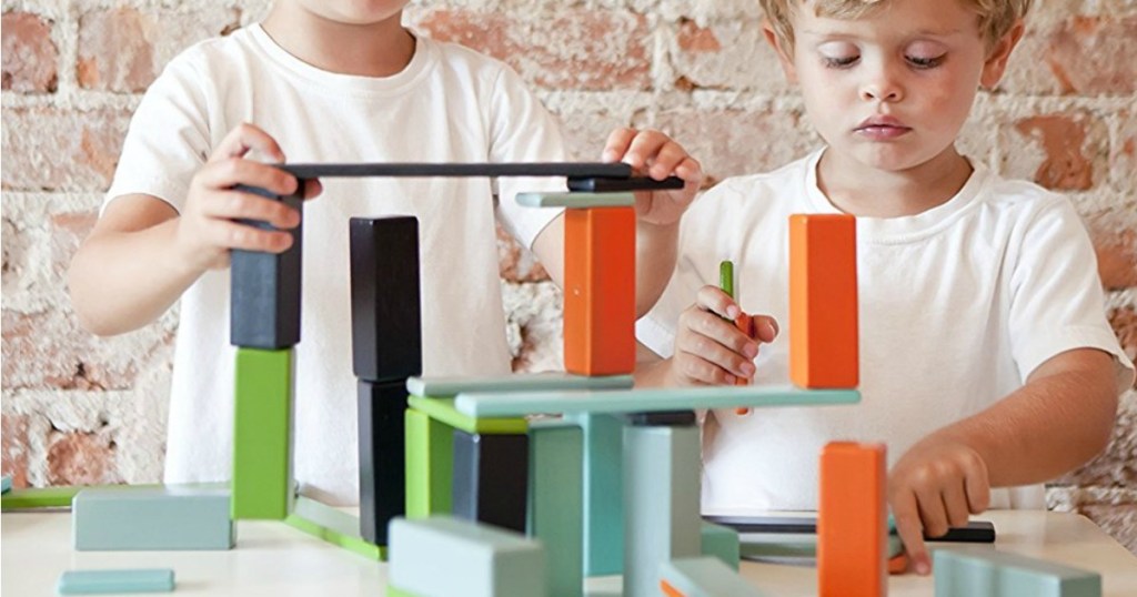 Two boys playing with Tegu blocks