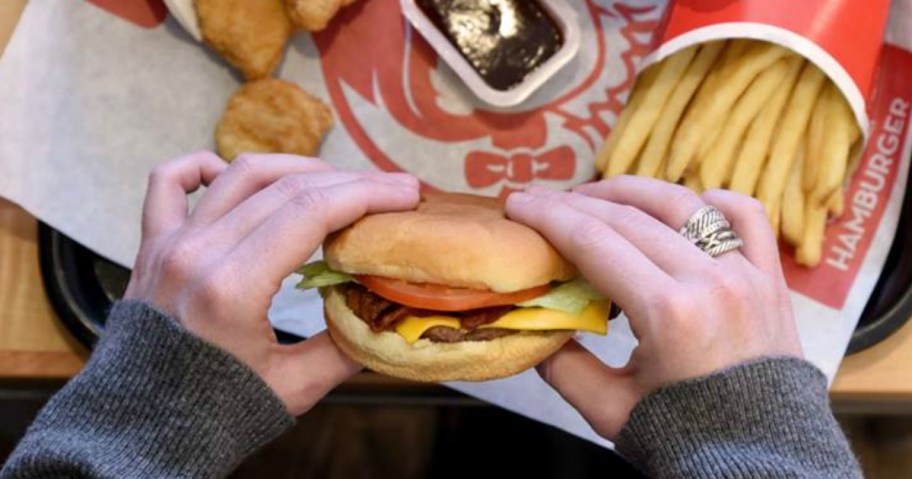 hands holding a Wendy's burger with fries in background