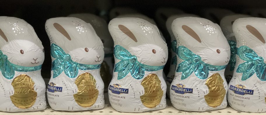 chocolate Easter bunnies on store shelf