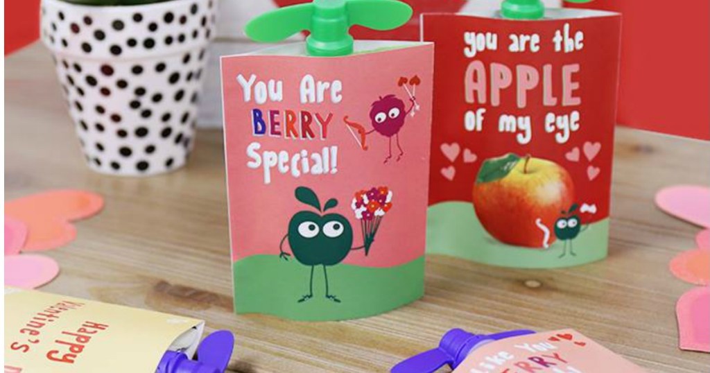 GoGo Squeez Pouches with valentines tags