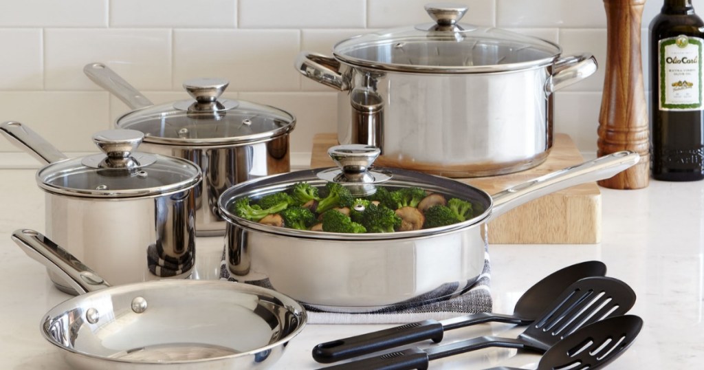 JCPenney Cooks 21-Piece Cookware with food in pan on counter