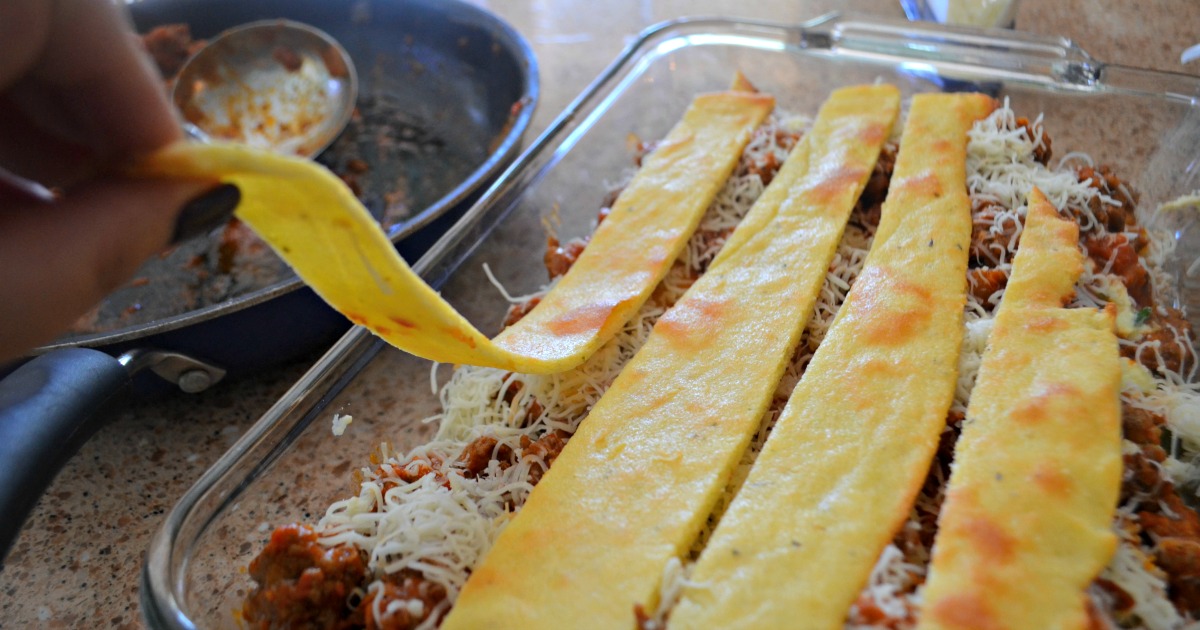 Hip2Keto keto lasagna recipe - up close image of the lasagna in a baking dish