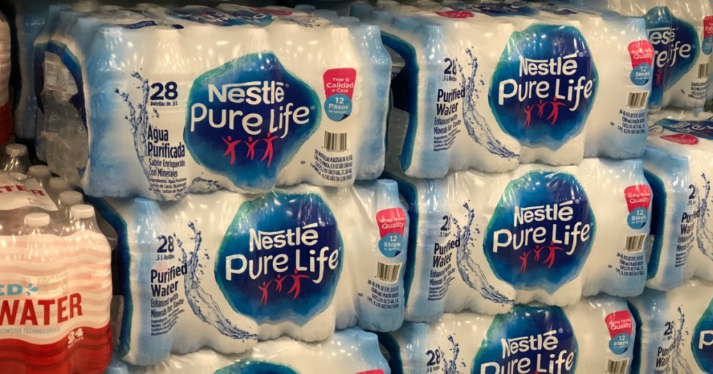 case of 28 count nestle pure life water bottles at target stacked up