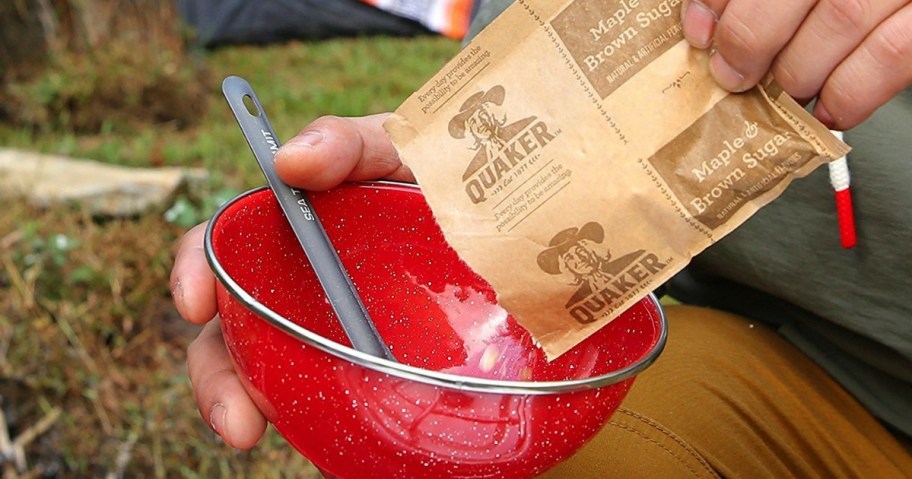 peson pouring Quaker oatmeal into a red bowl