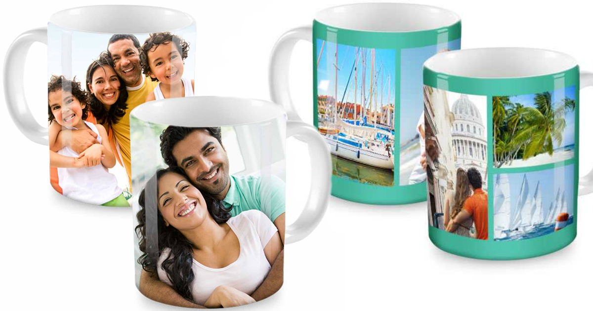 four photo mugs showing various pictures