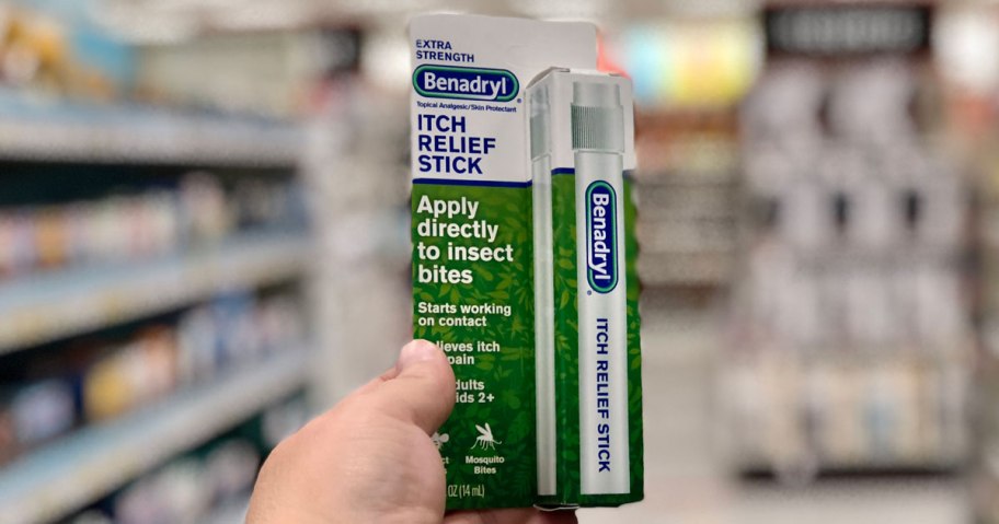 hand holding a Benadryl Itch Relief Stick