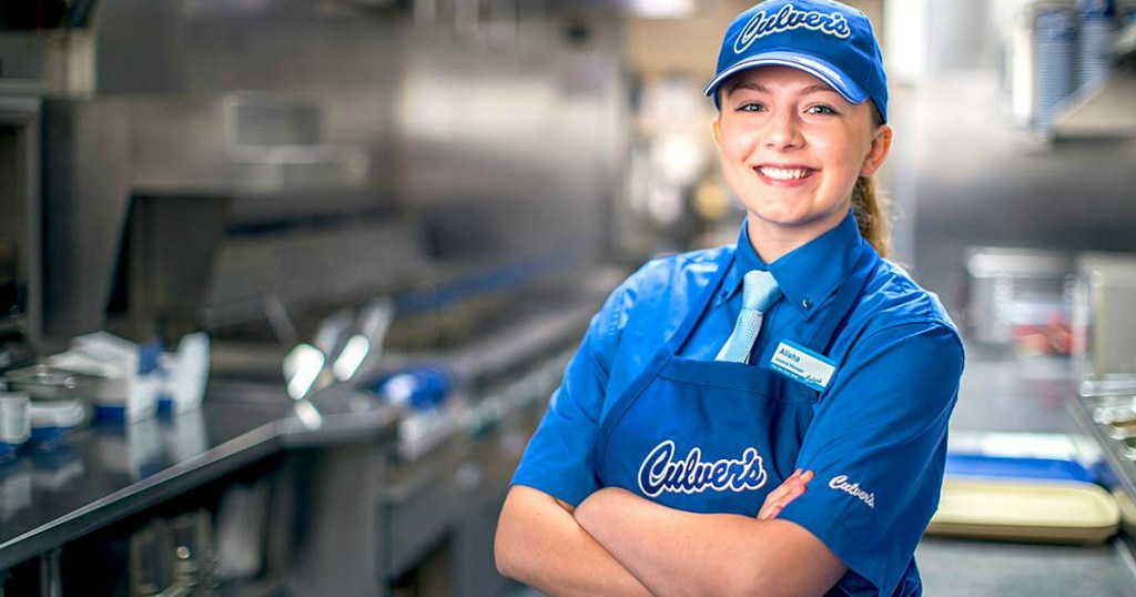 young girl dressed as Culver's employee - jobs hire 14 15 year old teens