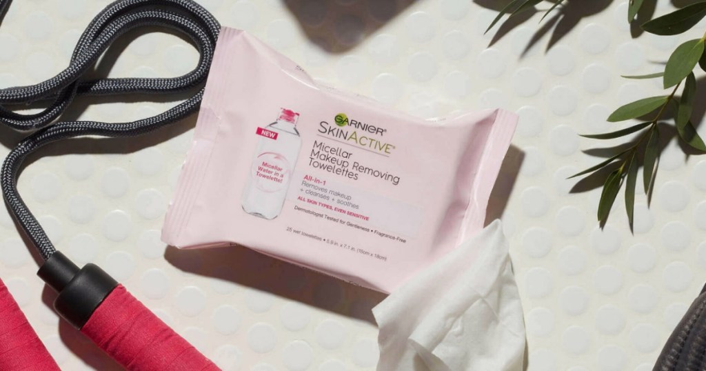 garnier makeup wipes on counter next to jump rope