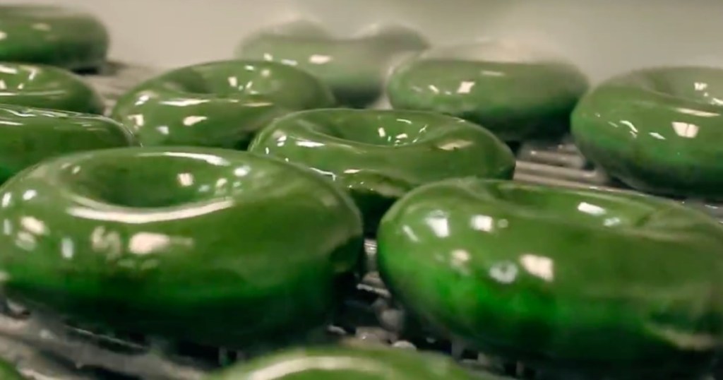 green glazed doughnuts from Krispie Kreme for St. Patrick's Day deals