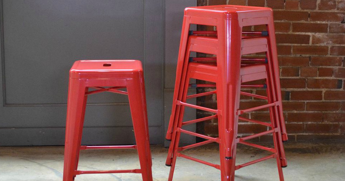 Red colored backless metal bar stools