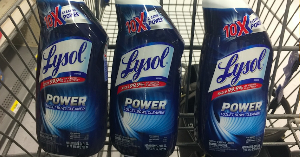 Lysol toilet cleaner bottles in a shopping cart