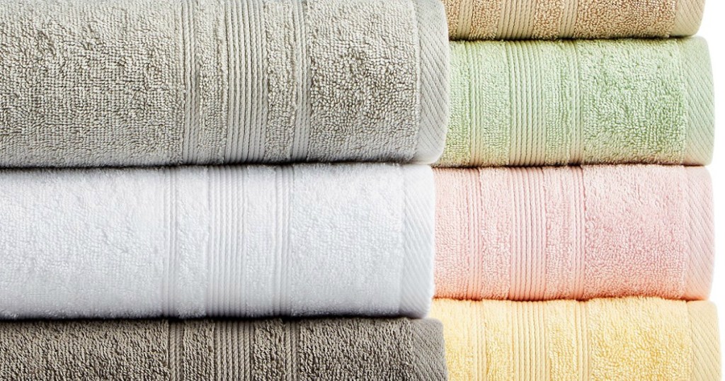 sunham bath towels stacked in multiple colors