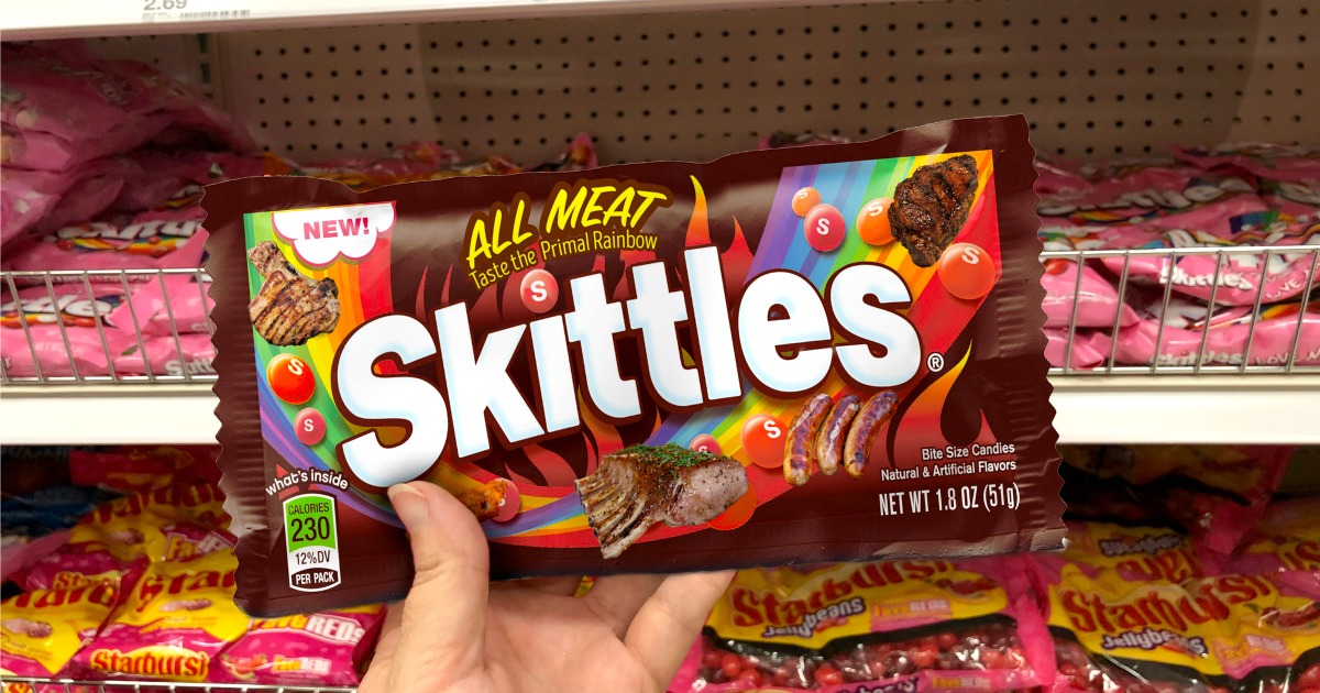 meat flavored skittles hip2save