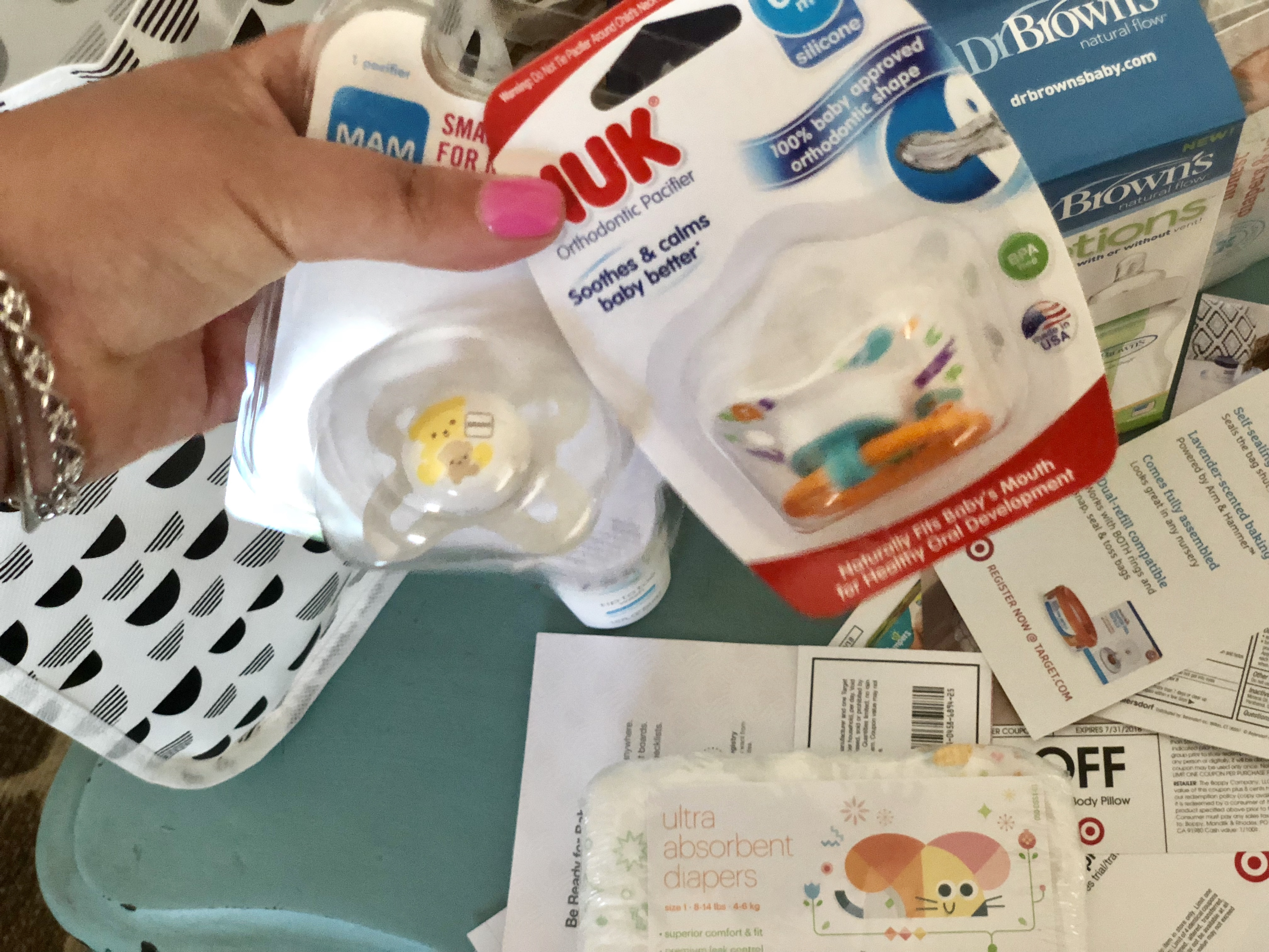 target baby registry bag with free gift coupons and samples - includes Nuk baby soothers