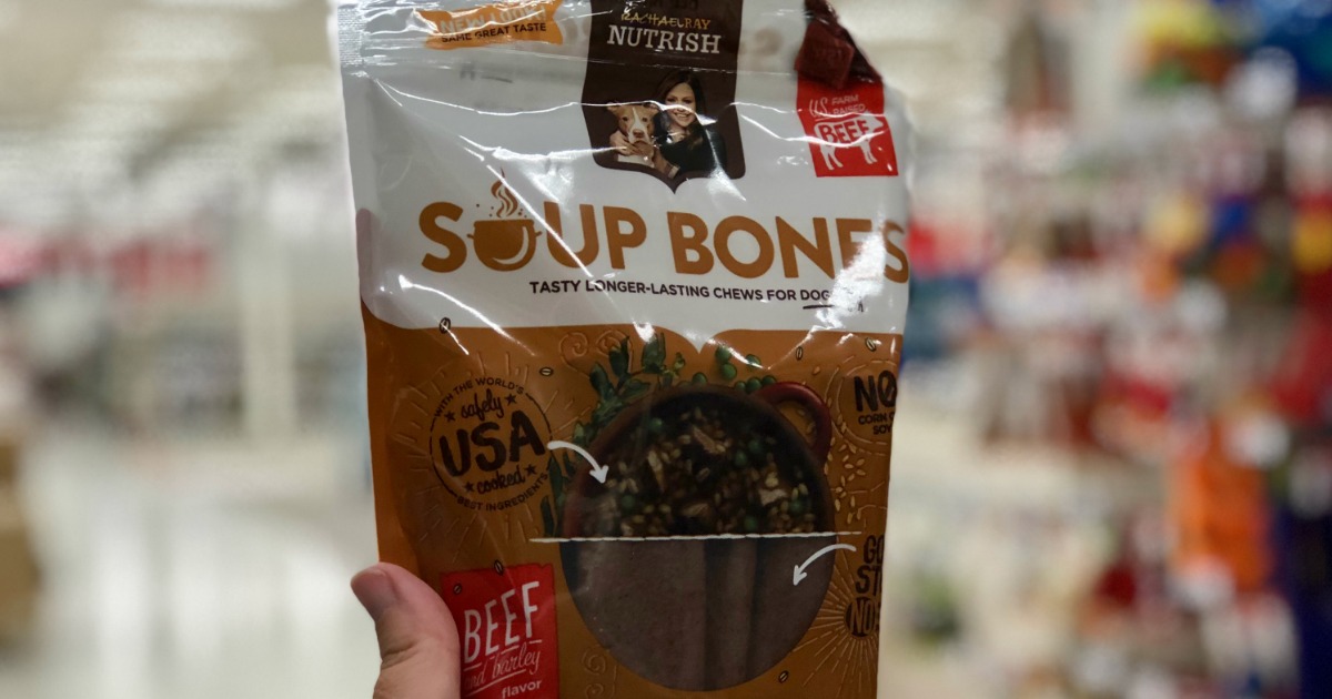 Bag of rachael ray soup bones held up in store aisle