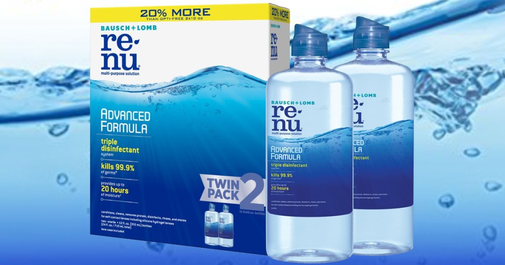 renu contact lens solution with box and two bottles