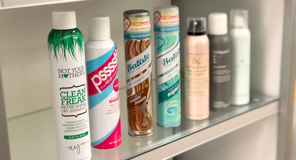a line of dry shampoos on shelf hip2save