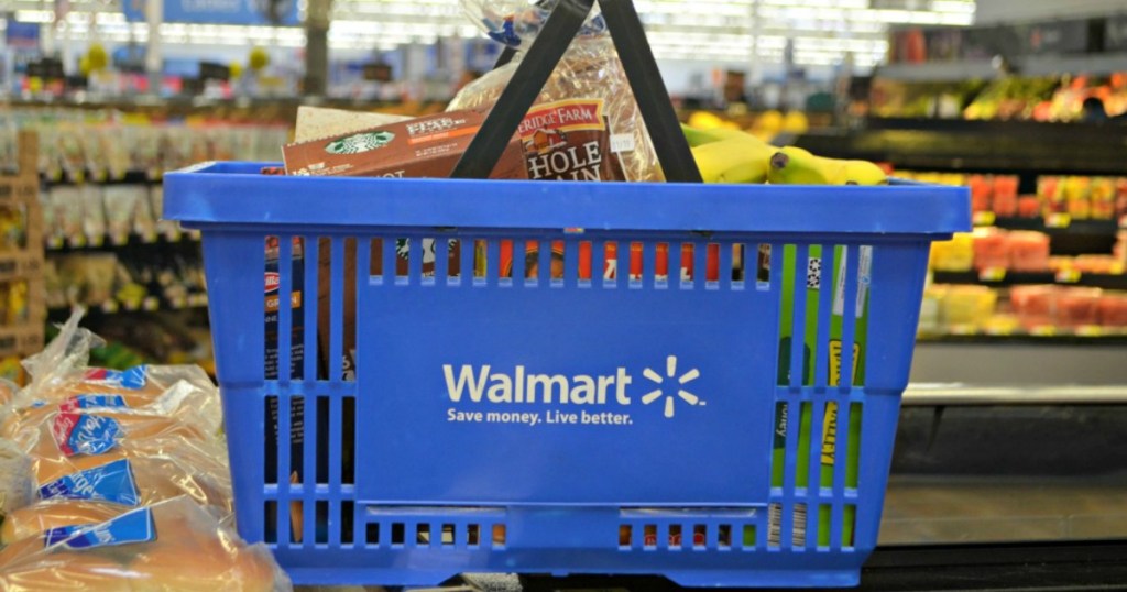 blue walmart basket with produce food in background