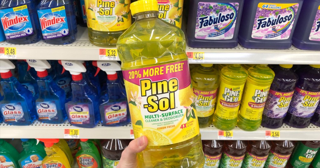 hand holding a bottle of pinesol