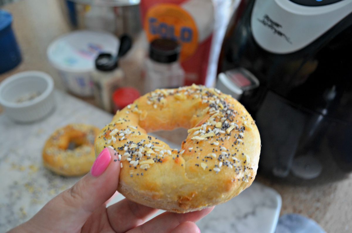 Top these 2 ingredient air fryer bagels with your favorite seeds cheeses, and more