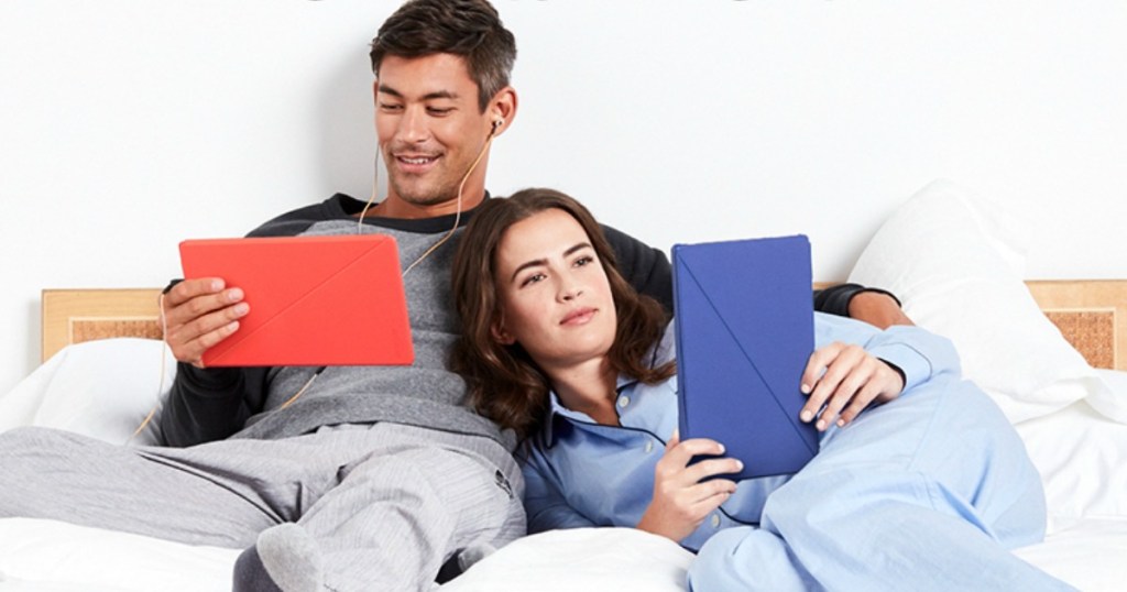 Amazon Fire HD 10″ 32GB Tablet with man and woman lounging on bed