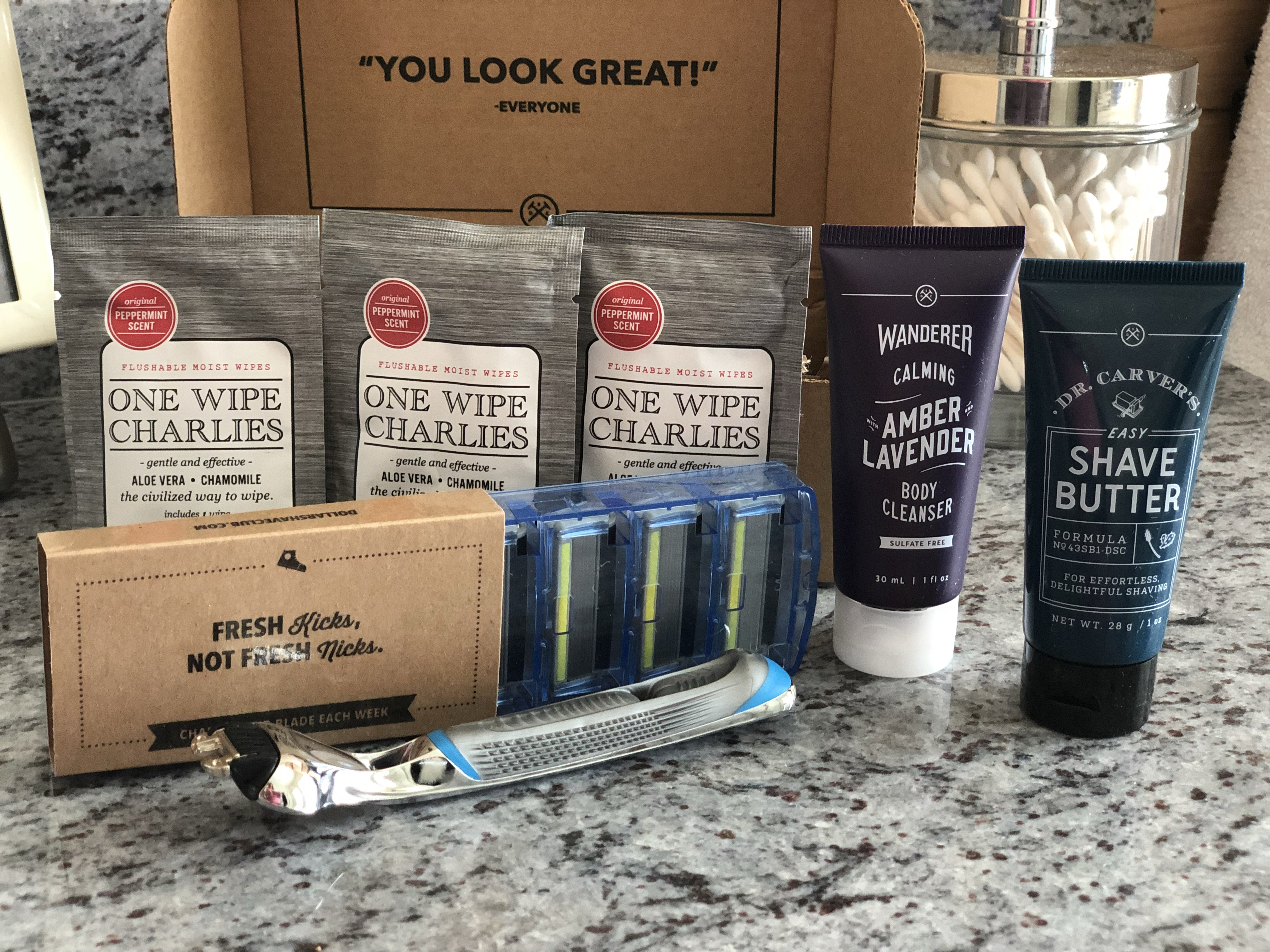 dollar shave club kit deal – a closeup of what's included in front of the box