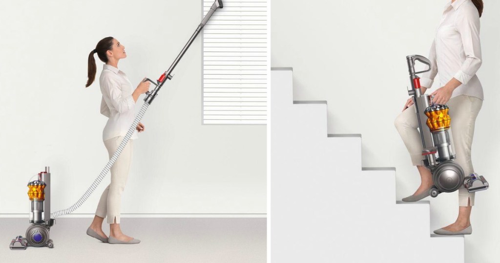 picture one is of woman vacuuming blinds, picture two is woman walking upstairs with vacuum