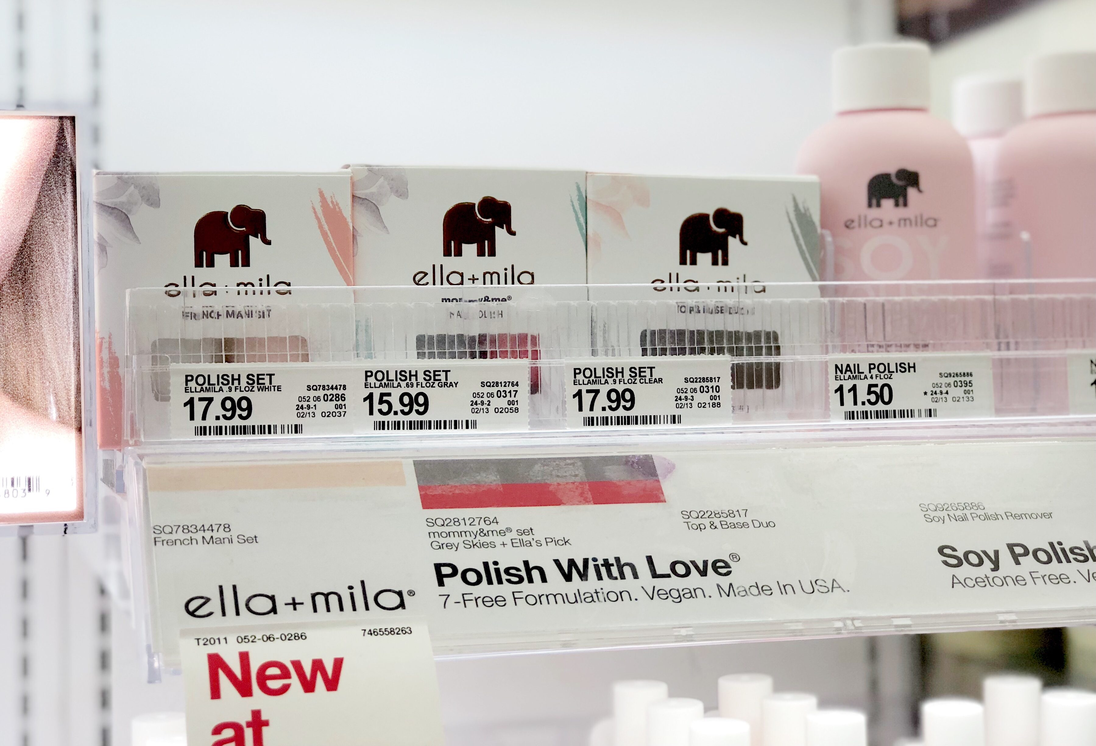 ella mila nail products deal - close up of store prices
