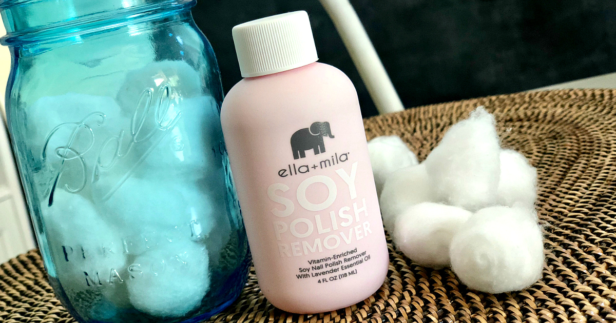 Ella + Mila nail products deal – soy polish remover bottle and cotton