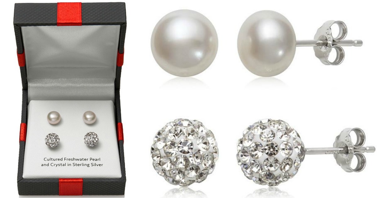 Cultured Pearl AND Crystal Sterling Silver Earrings Set