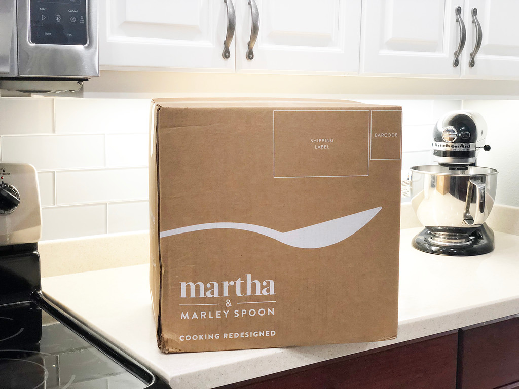 get a deal on your first box martha & marley spoon – box on the counter