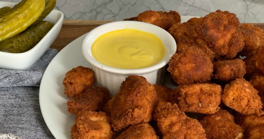 keto pickle-brined chicken bites with honey mustard dipping sauce 