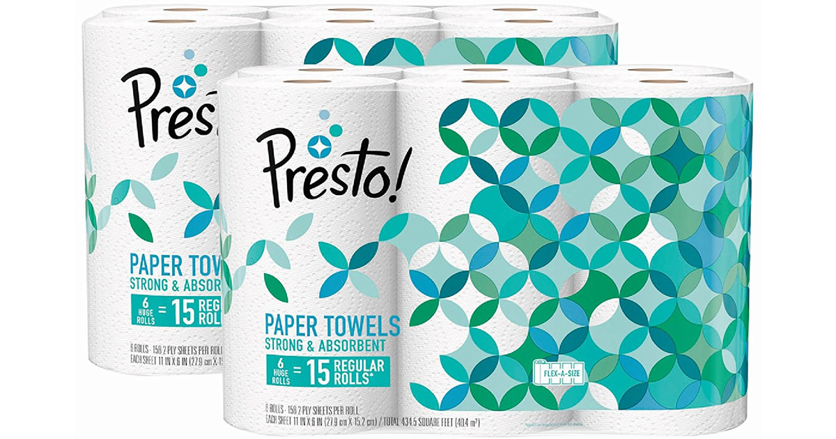 two packages of Presto! paper towels flex-a-size huge rolls