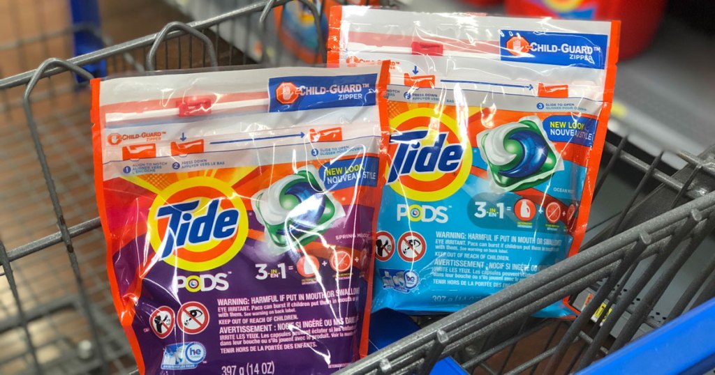 tide pods in shopping cart basket