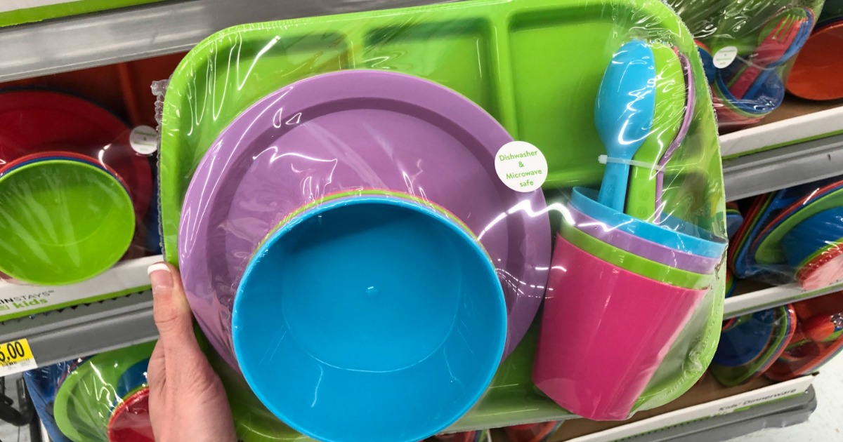 BPA free 24 pc Kids Dinner Set by Mainstays Microwave/dishwasher safe mixed colors toddler snack/meals 