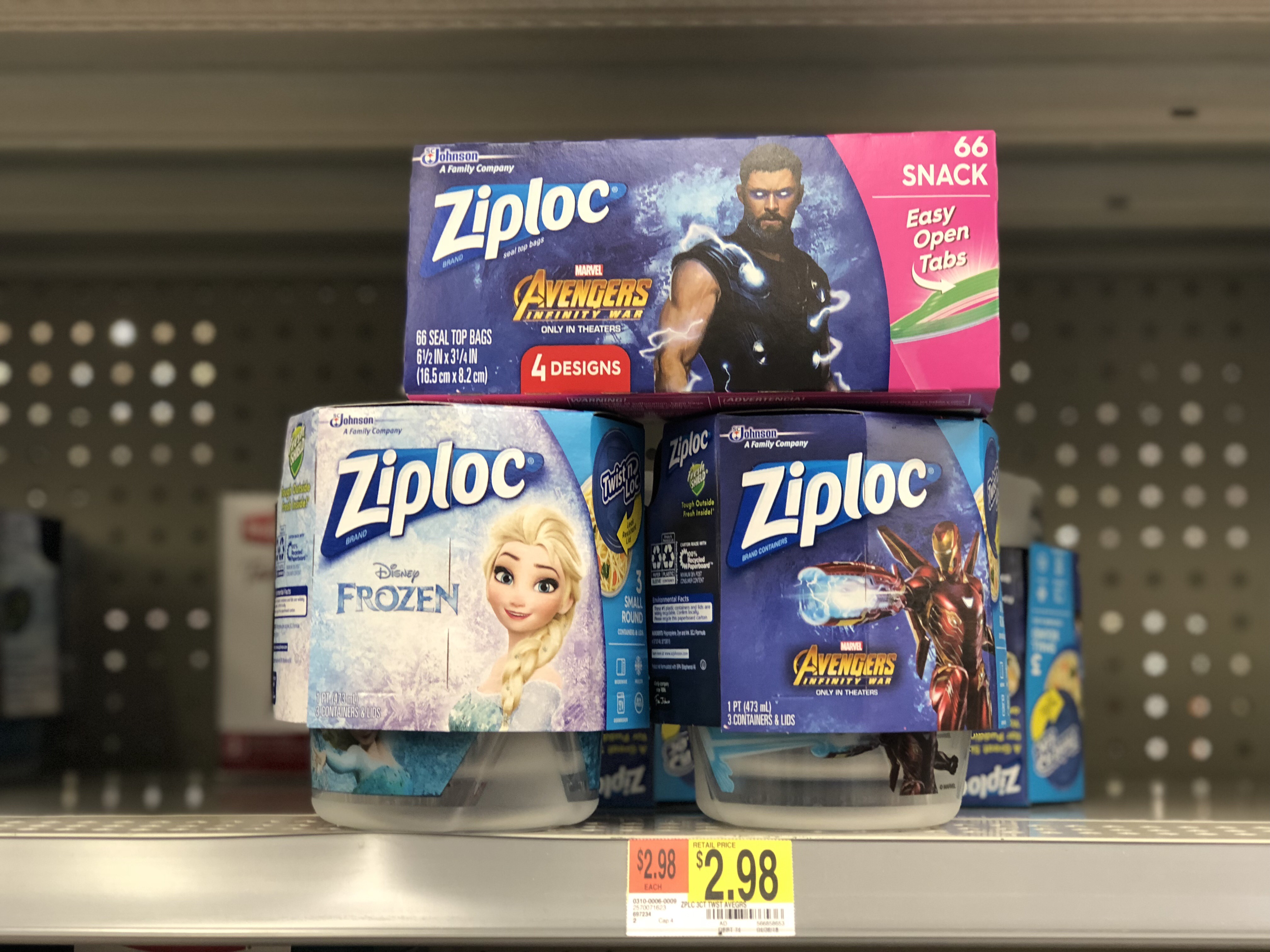 three ziploc branded items on store shelf