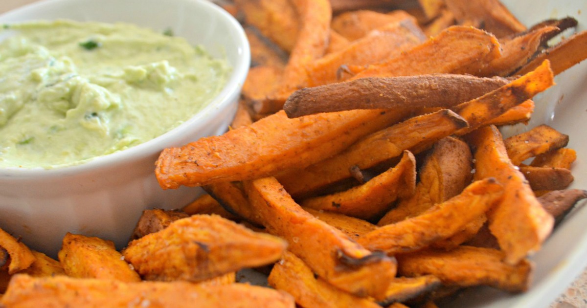 Air Fryer Sweet Potato Fries with Avocado Dipping Sauce | Hip2Save