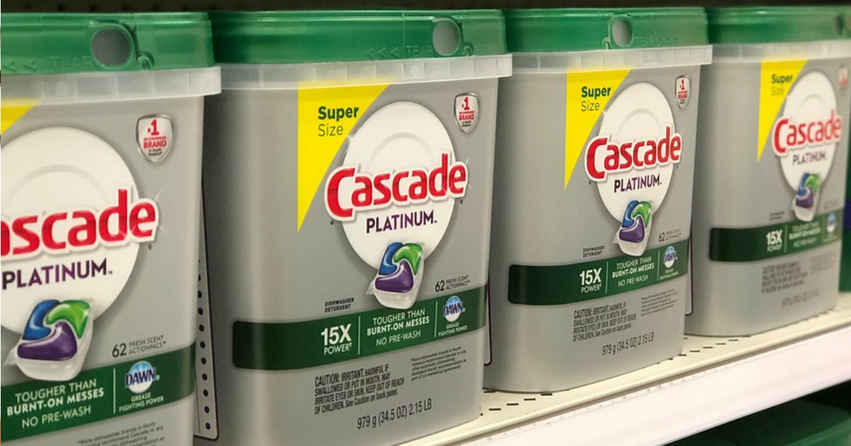 Cascade Platinum ActionPacs 62-count tubs on store shelf