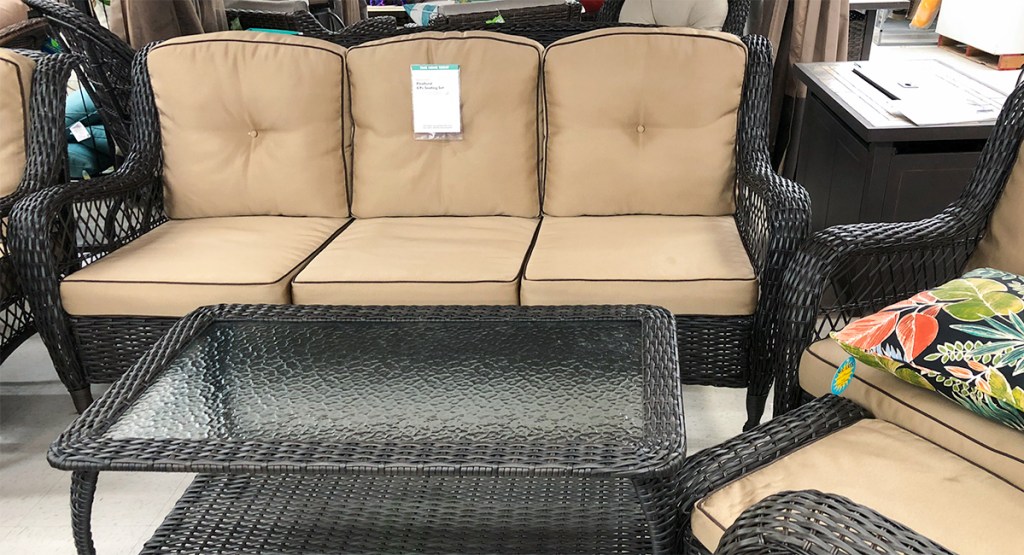 budget patio finds — conversation set with sofa and coffee table